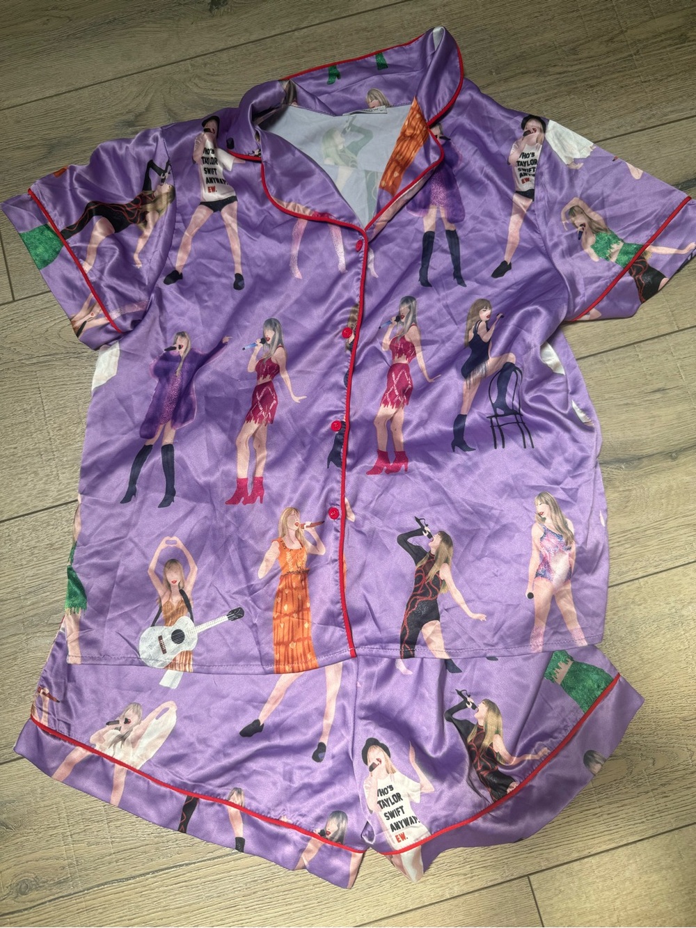 Silky Purple Printed Short Pajama Set with Red Piping